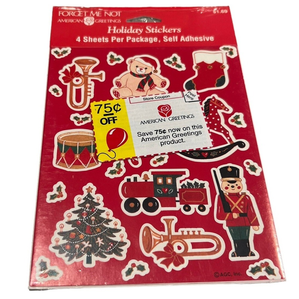 Vintage Christmas Stickers Toys Tree American Greetings 4‎ Sheets Instrument